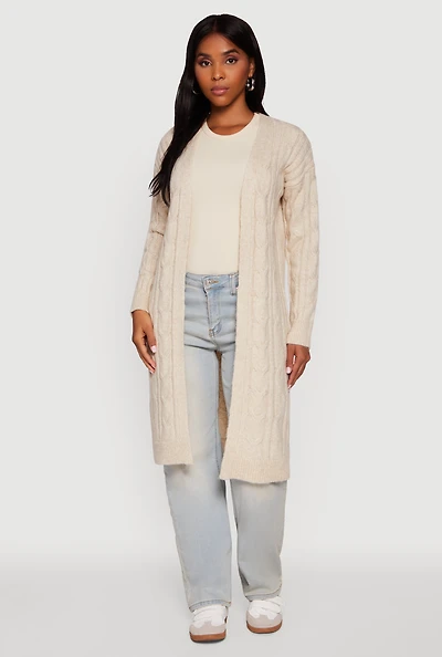Womens Cable Knit Open Front Long Cardigan, S