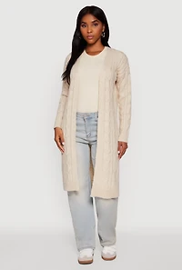 Womens Cable Knit Open Front Long Cardigan, S
