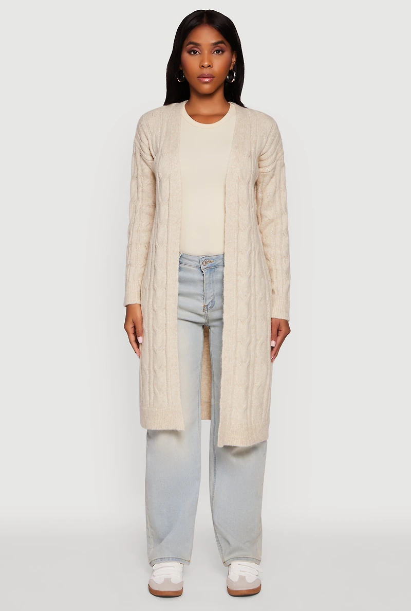 Womens Cable Knit Open Front Long Cardigan, S