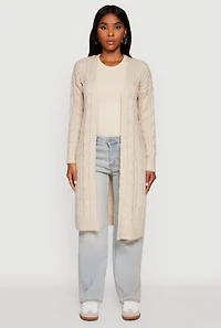 Womens Cable Knit Open Front Long Cardigan, S