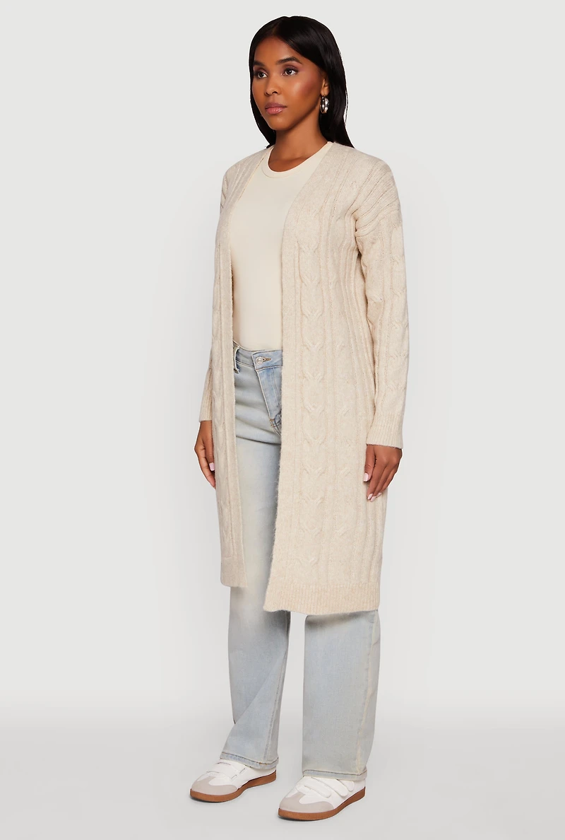 Womens Cable Knit Open Front Long Cardigan, S