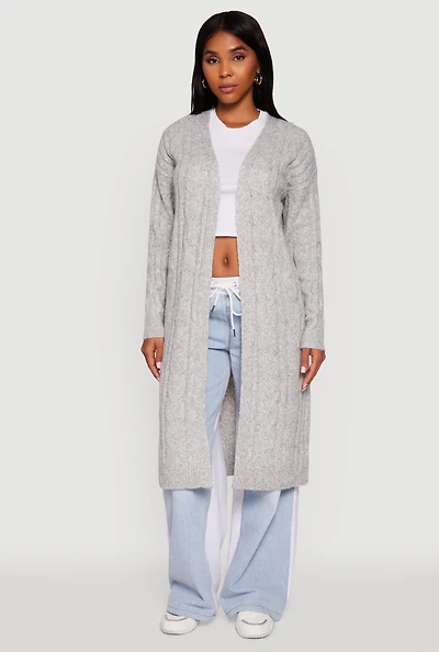 Womens Cable Knit Open Front Long Cardigan, Grey,
