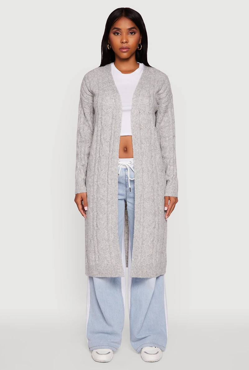 Womens Cable Knit Open Front Long Cardigan, Grey, Size M