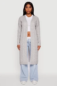 Womens Cable Knit Open Front Long Cardigan, Grey, Size M