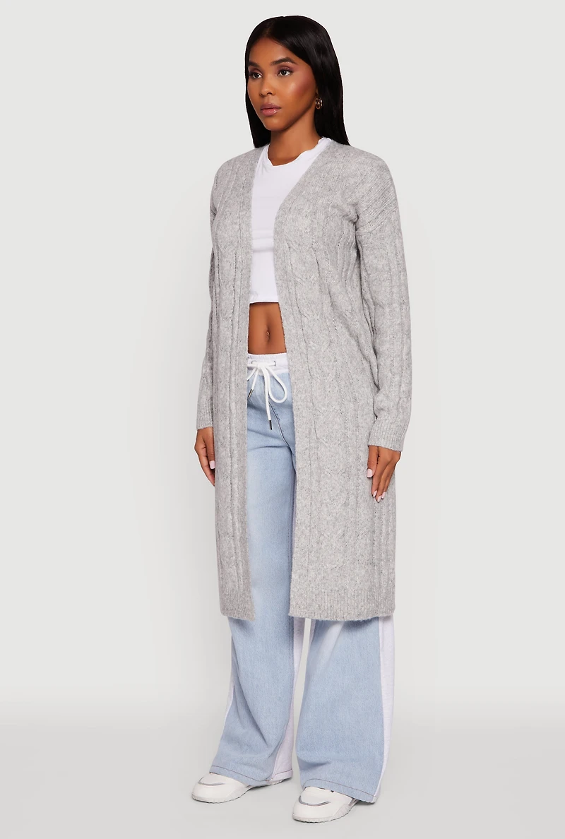 Womens Cable Knit Open Front Long Cardigan, Grey, Size M