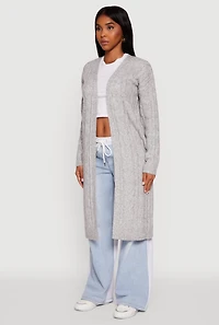 Womens Cable Knit Open Front Long Cardigan, Grey, Size M