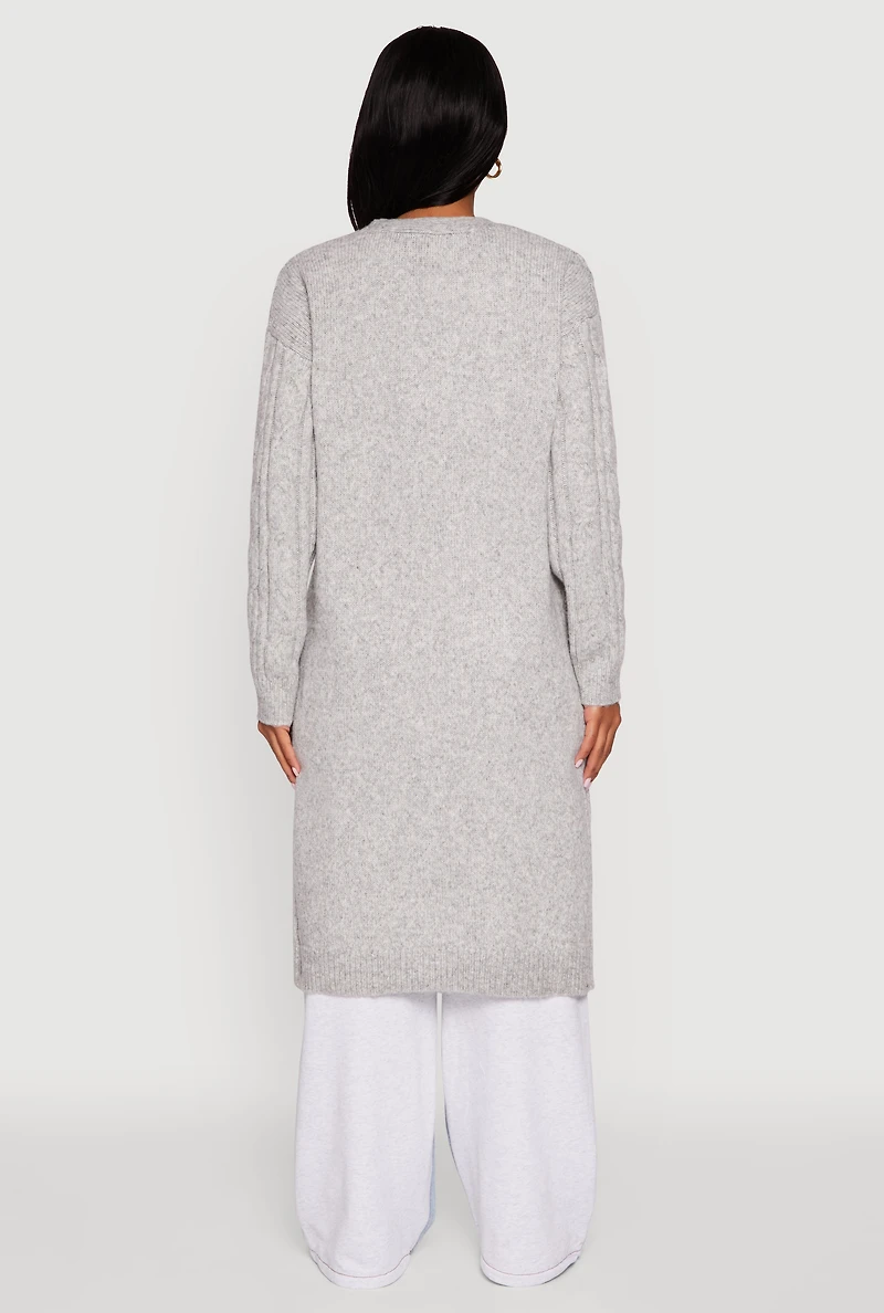 Womens Cable Knit Open Front Long Cardigan, Grey, Size M