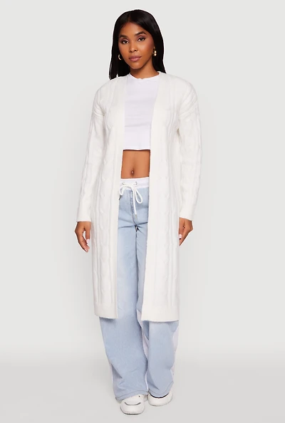 Womens Cable Knit Open Front Long Cardigan, White, Size M