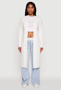 Womens Cable Knit Open Front Long Cardigan, White, Size S