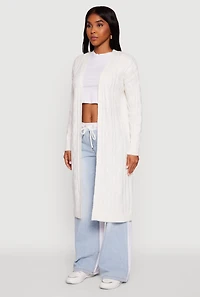 Womens Cable Knit Open Front Long Cardigan, White, Size S