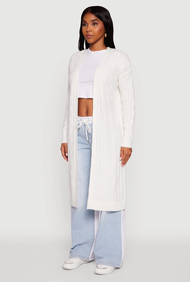 Womens Cable Knit Open Front Long Cardigan, White, Size M