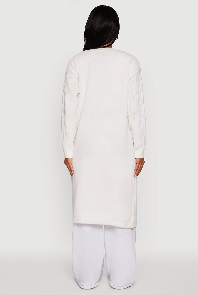 Womens Cable Knit Open Front Long Cardigan, White, Size S