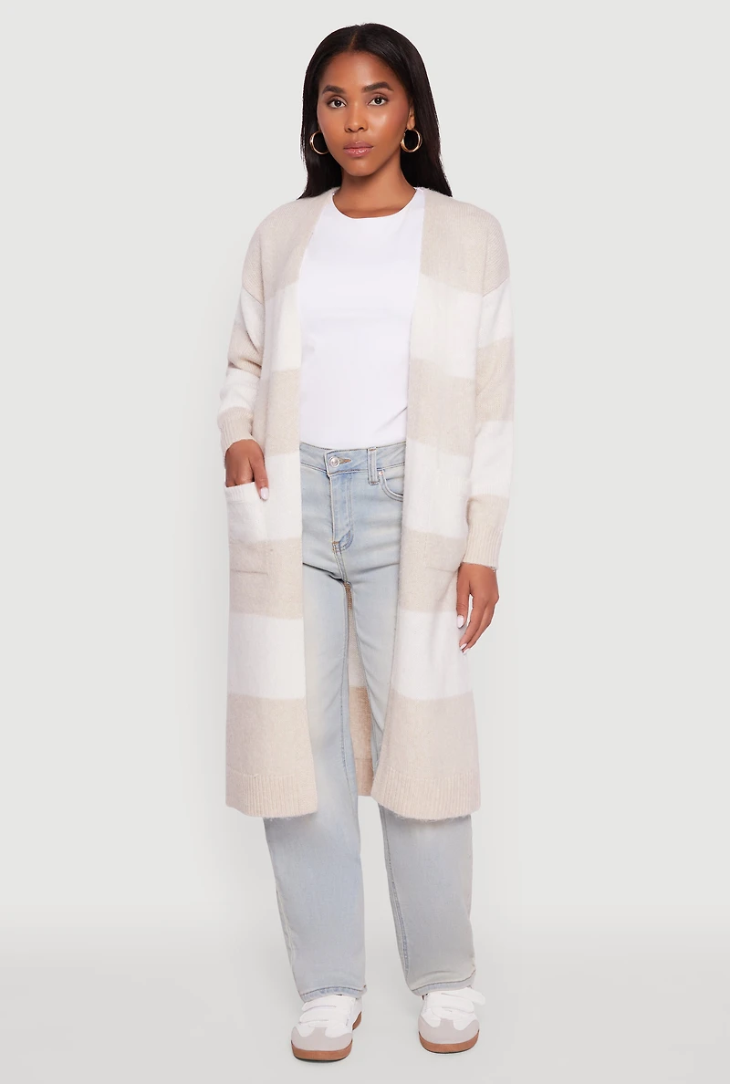 Womens Striped Marled Brushed Knit Duster, Beige, Size XL