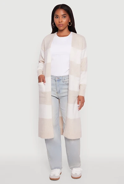 Womens Striped Marled Brushed Knit Duster, Beige, Size XL