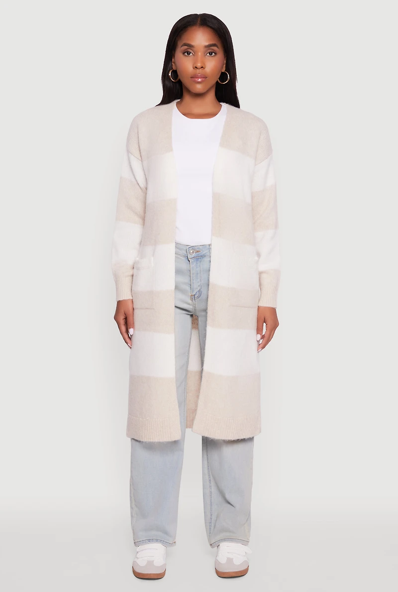 Womens Striped Marled Brushed Knit Duster, Beige,