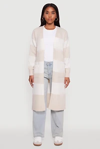 Womens Striped Marled Brushed Knit Duster, Beige,