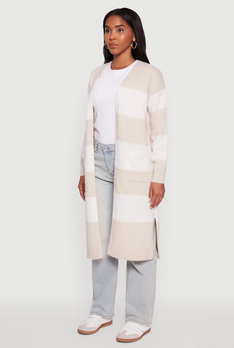 Womens Striped Marled Brushed Knit Duster, Beige, Size XL