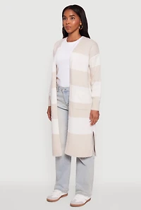Womens Striped Marled Brushed Knit Duster, Beige, Size XL