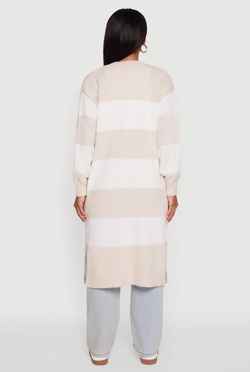 Womens Striped Marled Brushed Knit Duster, Beige, Size XL