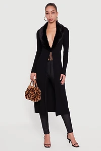 Long Tie Front Duster with Removable Faux Fur Collar