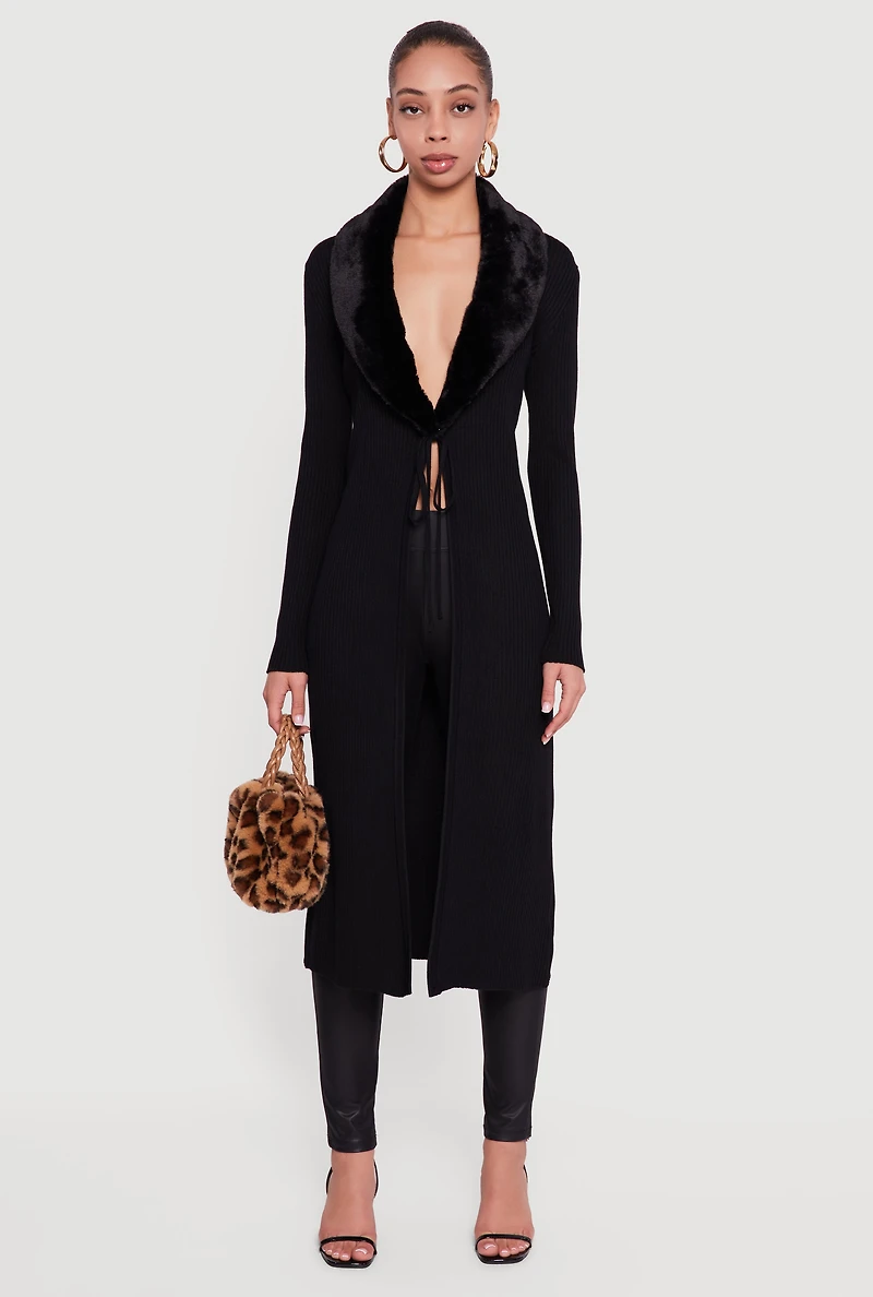 Long Tie Front Duster with Removable Faux Fur Collar