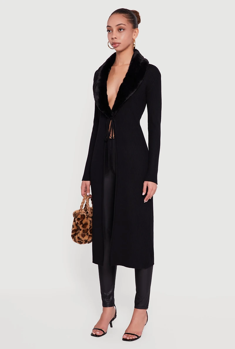 Long Tie Front Duster with Removable Faux Fur Collar