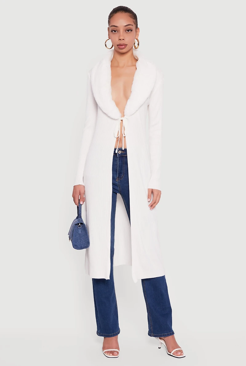 Long Tie Front Duster with Removable Faux Fur Collar