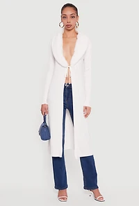 Long Tie Front Duster with Removable Faux Fur Collar