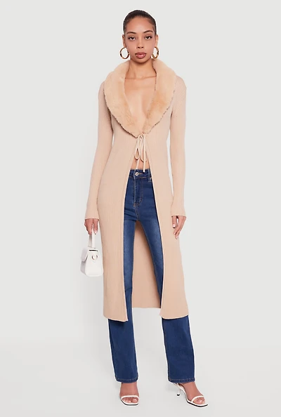 Long Tie Front Duster with Removable Faux Fur Collar