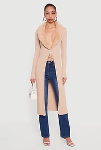Long Tie Front Duster with Removable Faux Fur Collar