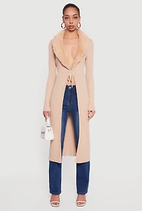 Long Tie Front Duster with Removable Faux Fur Collar