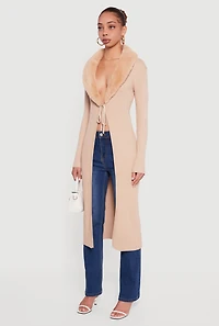 Long Tie Front Duster with Removable Faux Fur Collar
