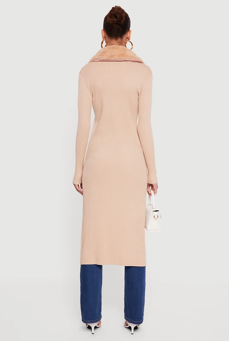 Long Tie Front Duster with Removable Faux Fur Collar