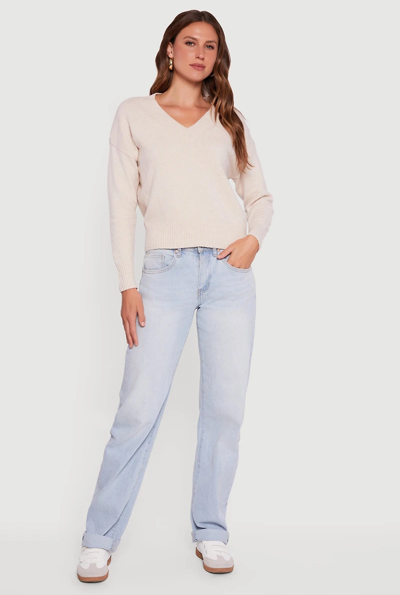Womens Brushed Knit Long Sleeve V-Neck Sweater, Beige, Size S