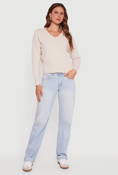 Womens Brushed Knit Long Sleeve V-Neck Sweater, Beige, Size S