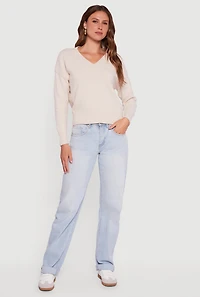 Womens Brushed Knit Long Sleeve V-Neck Sweater, Beige, Size S