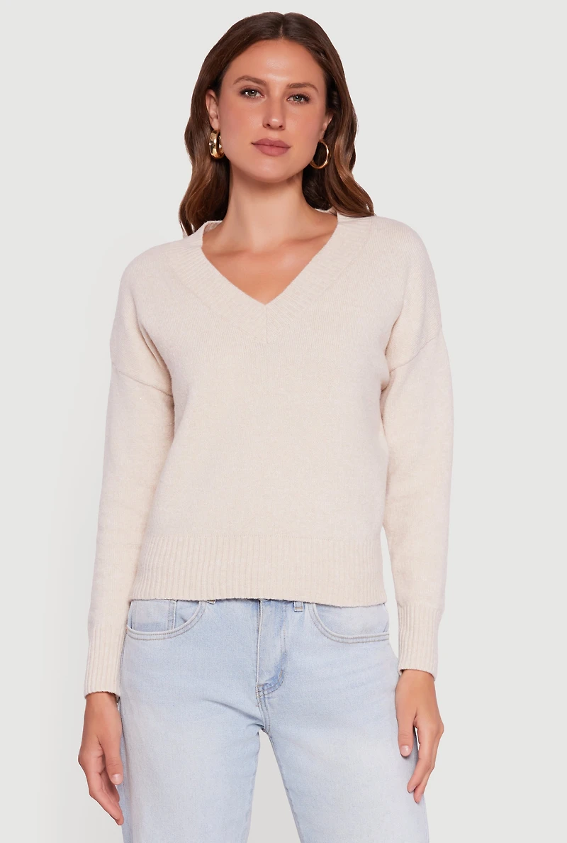 Womens Brushed Knit Long Sleeve V-Neck Sweater, Beige, Size S