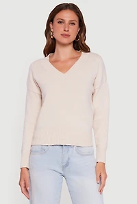 Womens Brushed Knit Long Sleeve V-Neck Sweater, Beige, Size S