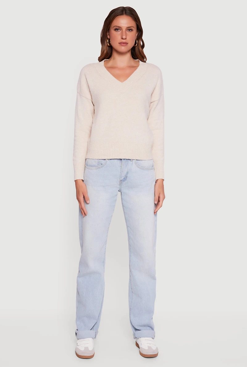Womens Brushed Knit Long Sleeve V-Neck Sweater, Beige, Size S