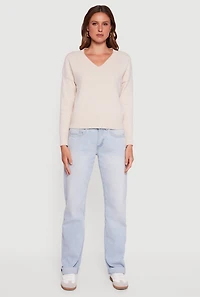 Womens Brushed Knit Long Sleeve V-Neck Sweater, Beige, Size S