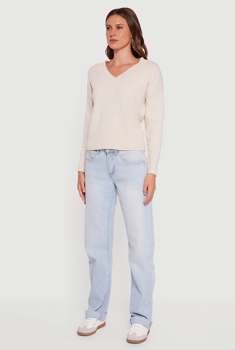 Womens Brushed Knit Long Sleeve V-Neck Sweater, Beige, Size S