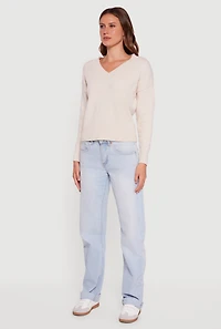 Womens Brushed Knit Long Sleeve V-Neck Sweater, Beige, Size S