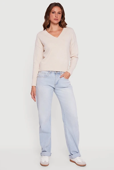 Womens Brushed Knit Long Sleeve V-Neck Sweater,