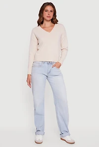 Womens Brushed Knit Long Sleeve V-Neck Sweater, L