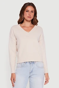Womens Brushed Knit Long Sleeve V-Neck Sweater,