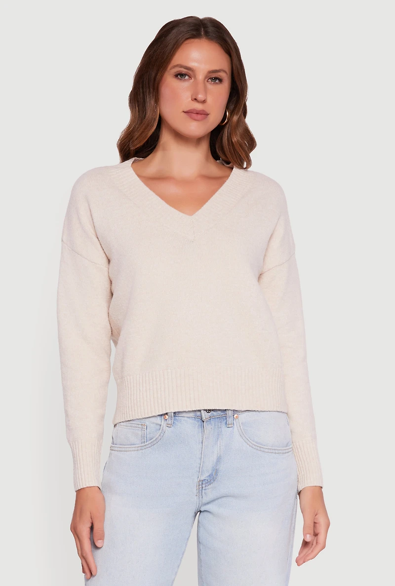 Womens Brushed Knit Long Sleeve V-Neck Sweater, L