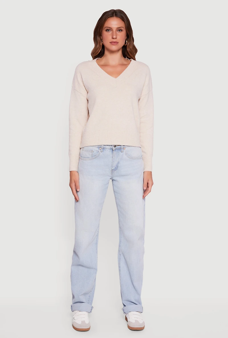 Womens Brushed Knit Long Sleeve V-Neck Sweater, L