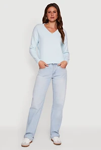 Brushed Knit Long Sleeve V-Neck Sweater