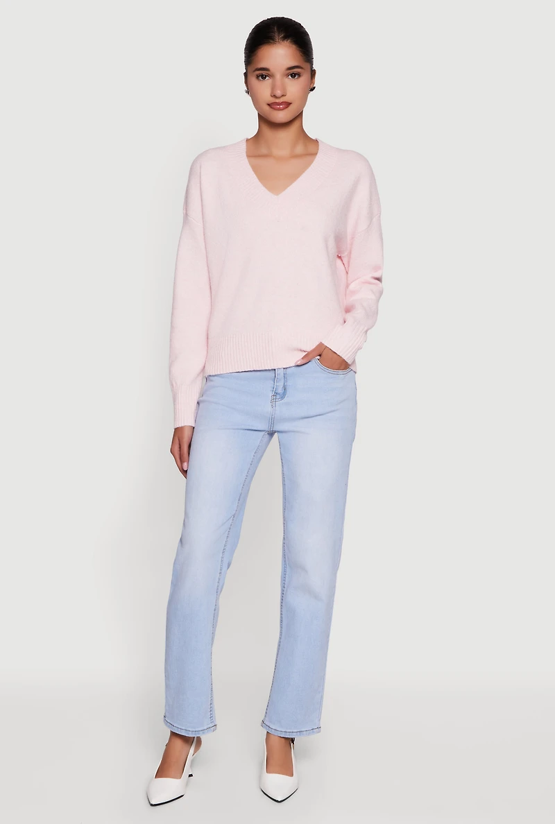 Brushed Knit Long Sleeve V-Neck Sweater
