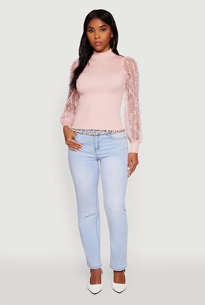Womens Long Sleeve Mesh Detail Ribbed Knit Blouse, Pink, Size S